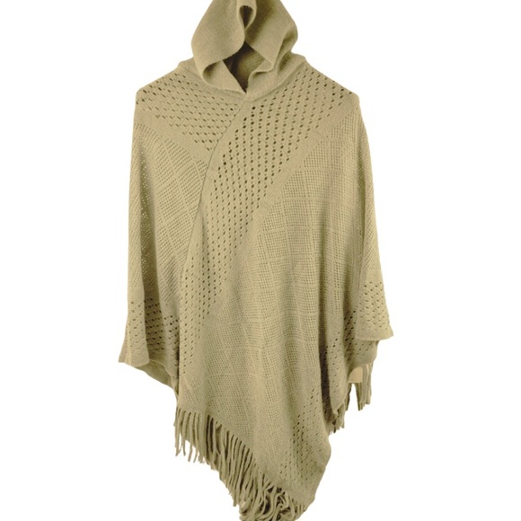Be Clever Sweaters - Be Clever, OS, tan, women’s knit, fringed, midi hooded poncho. NWT.